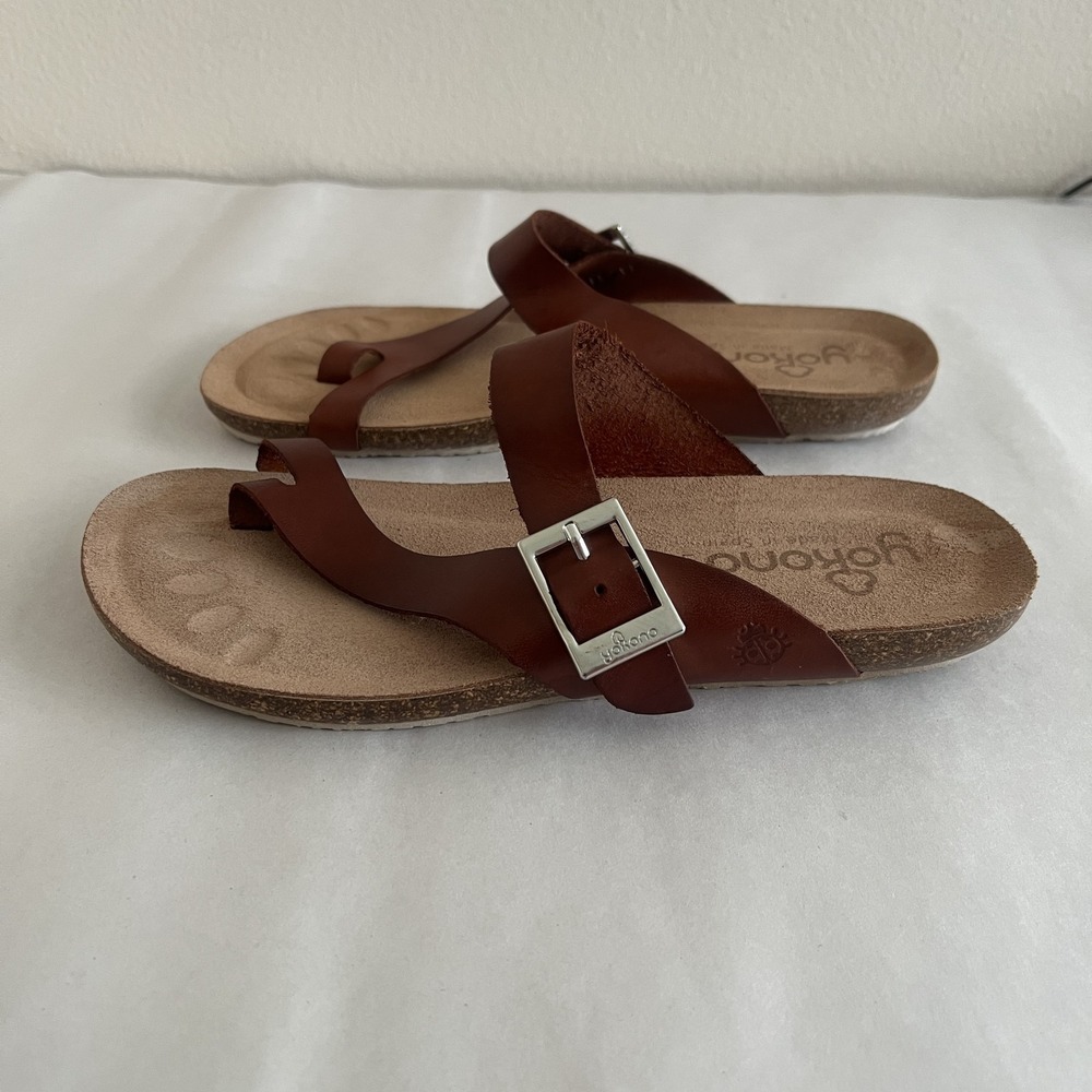 Yokono Comfort Sandals Womens 9 Brown Leather Toe Loop Spain Cork Buckle - Picture 5 of 10